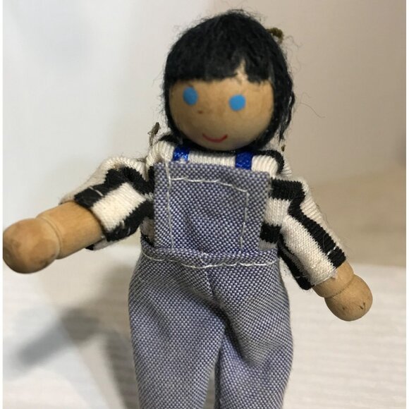 Wooden Doll With Striped Shirt & Overalls 3.75" Blue Eyes, Black Shoes - Picture 2 of 5